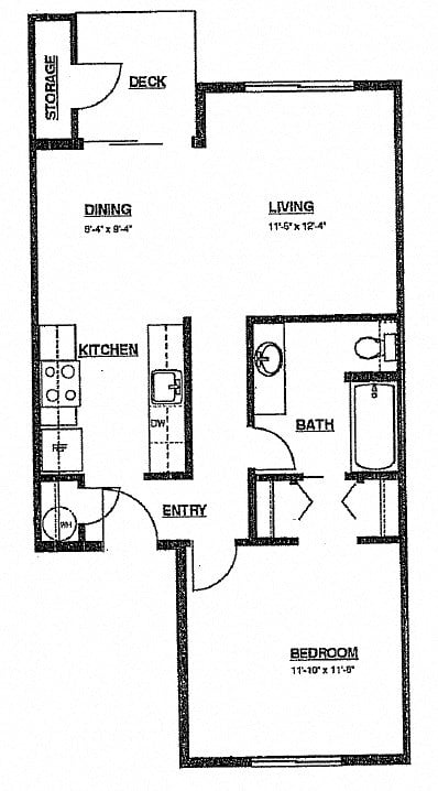Floor plan for 1 bed, 1 bath